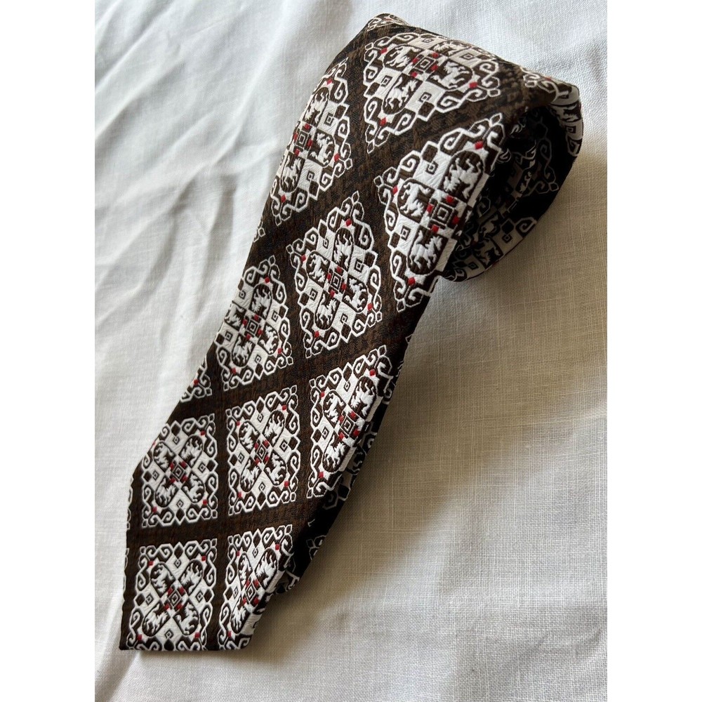 Vintage Bruno Palermo Necktie - Brown White Horse Diamond (K92)